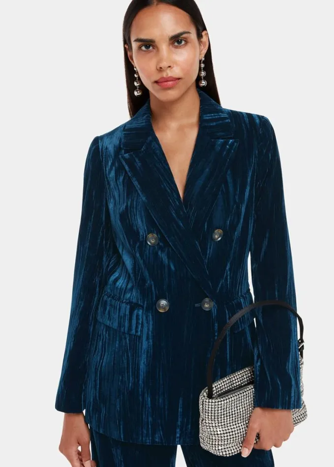 Whistles Hallie Crushed Velvet Blazer Teal Women Tailoring