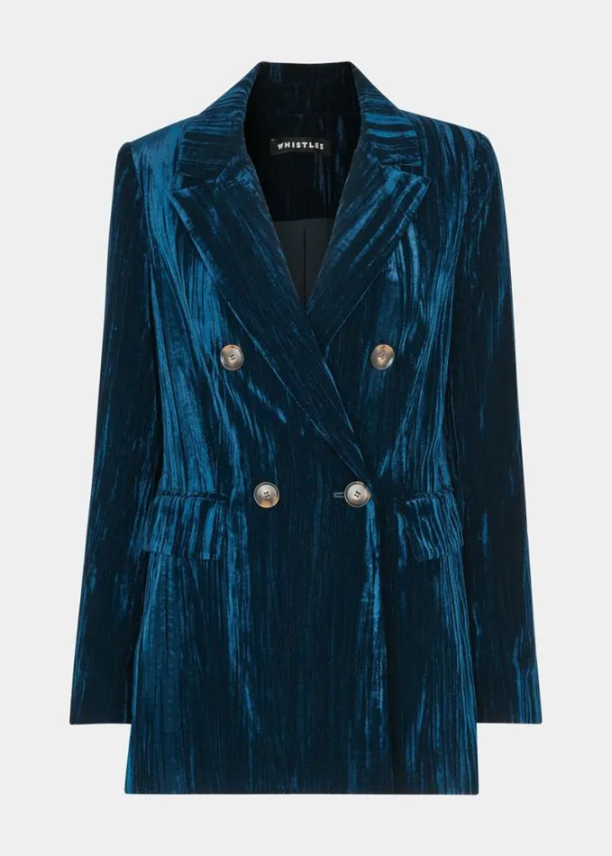 Whistles Hallie Crushed Velvet Blazer Teal Women Tailoring