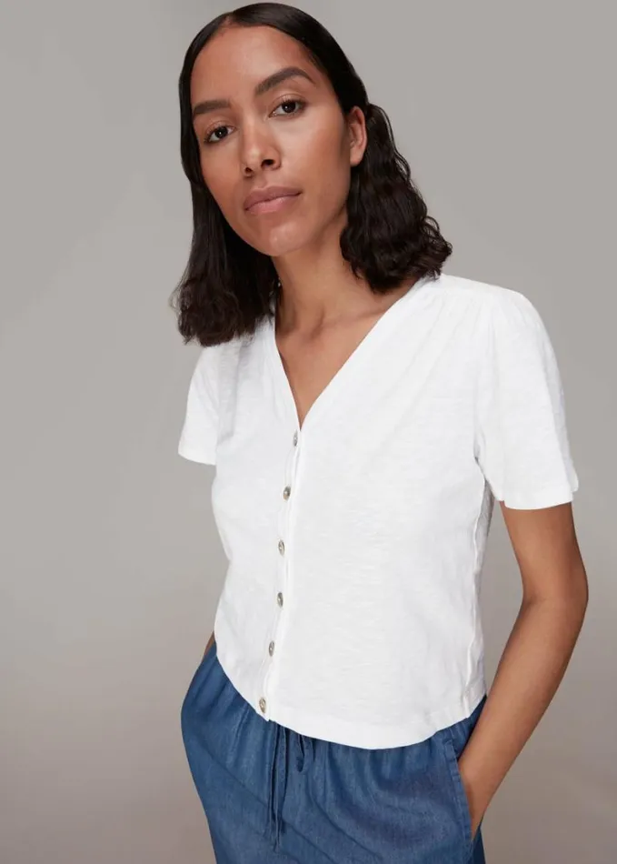 Whistles Maeve V Neck Button Front Tee White Women Tops