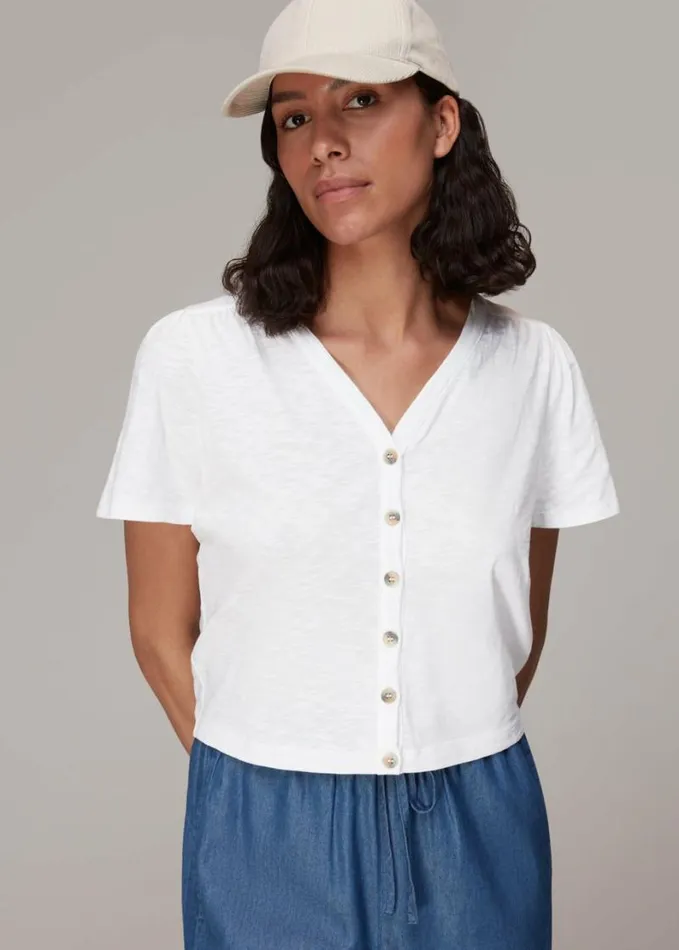 Whistles Maeve V Neck Button Front Tee White Women Tops