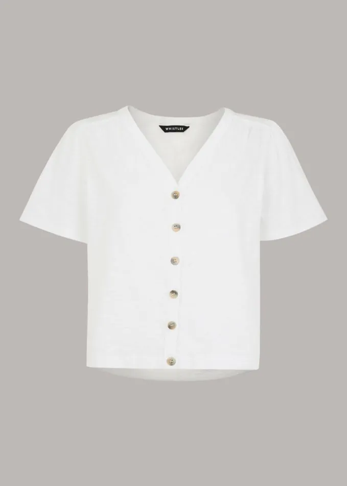 Whistles Maeve V Neck Button Front Tee White Women Tops