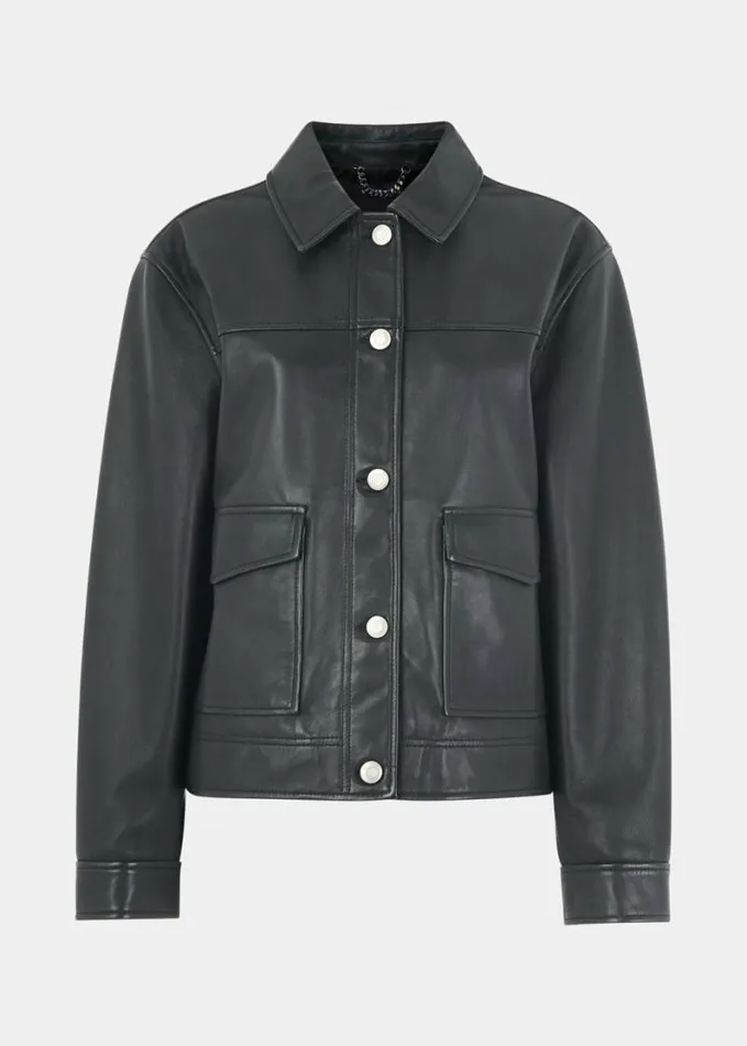 Whistles Natia Leather Overshirt Black Women Coats and Jackets