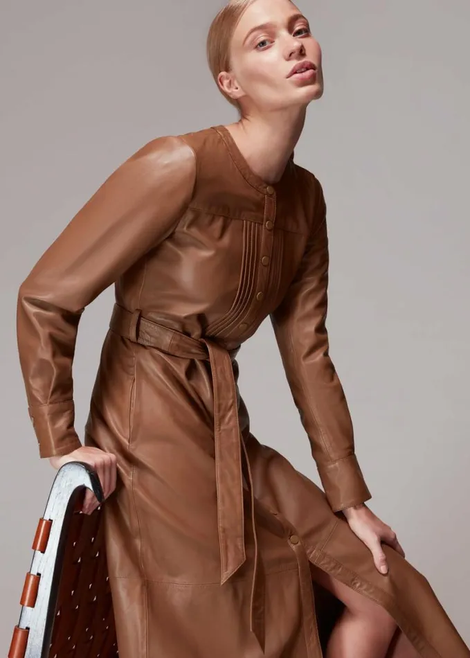Whistles Pintuck Leather Midi Dress Toffee Women Dresses