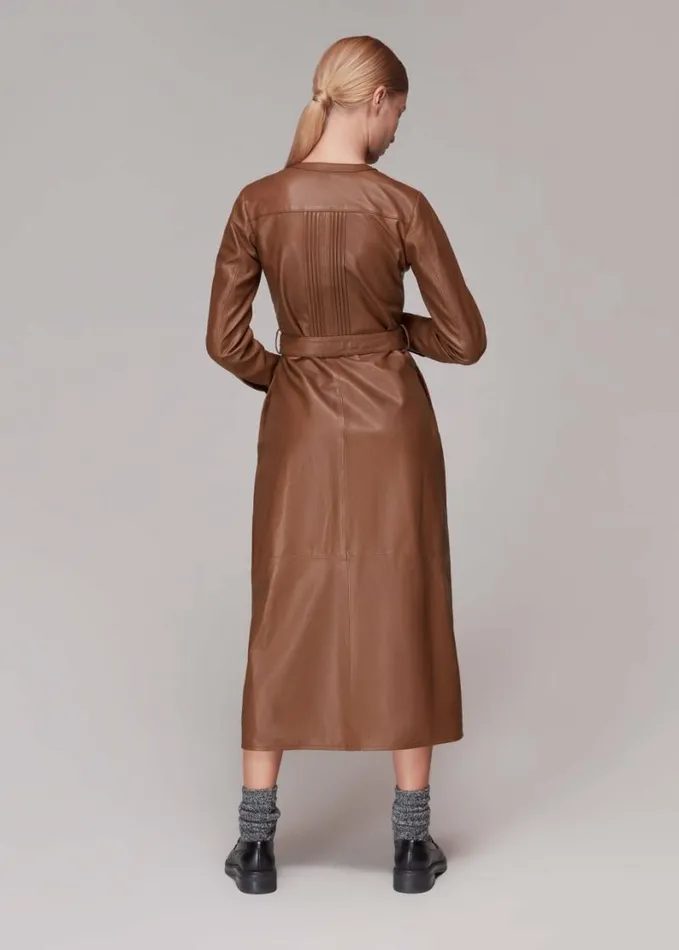 Whistles Pintuck Leather Midi Dress Toffee Women Dresses