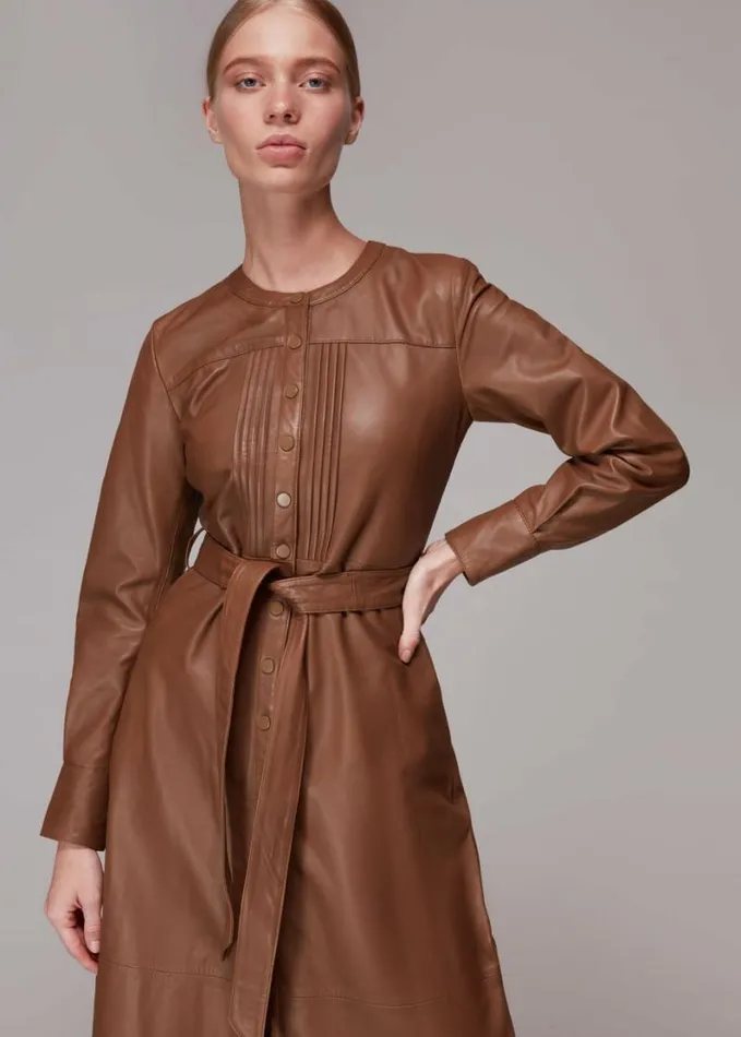Whistles Pintuck Leather Midi Dress Toffee Women Dresses