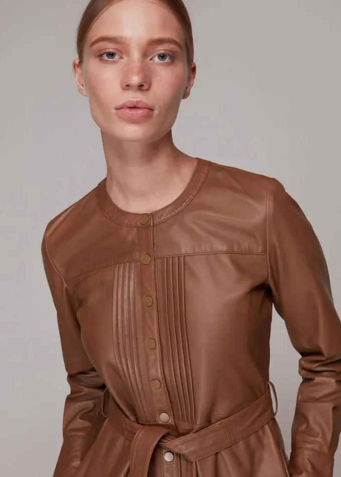 Whistles Pintuck Leather Midi Dress Toffee Women Dresses
