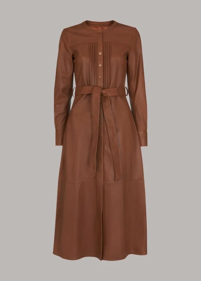 Whistles Pintuck Leather Midi Dress Toffee Women Dresses