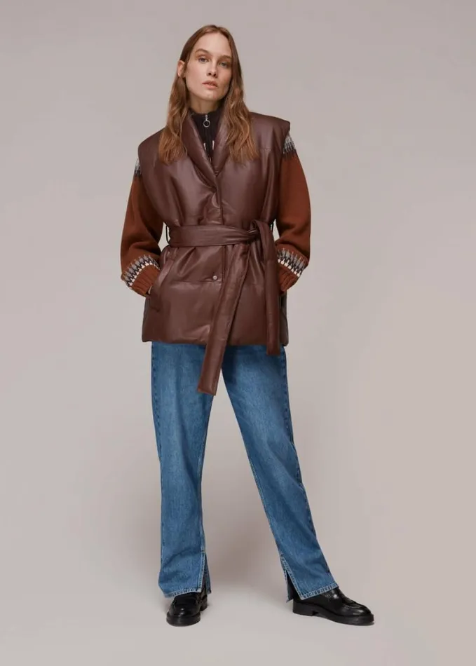 Whistles Raya Leather Gilet Burgundy Women Coats and Jackets