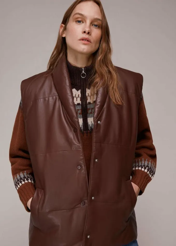 Whistles Raya Leather Gilet Burgundy Women Coats and Jackets