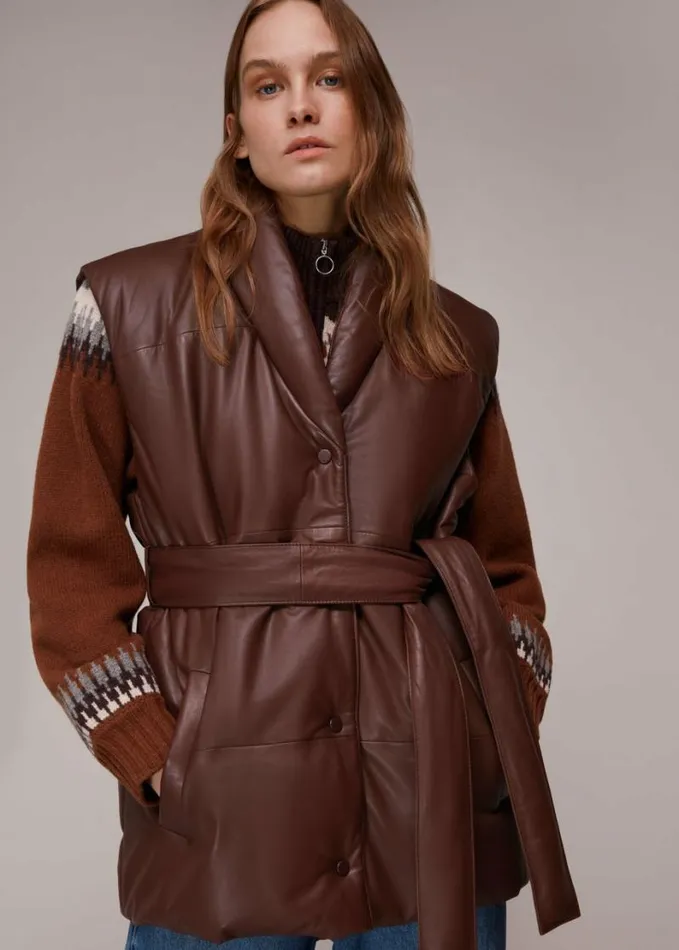 Whistles Raya Leather Gilet Burgundy Women Coats and Jackets