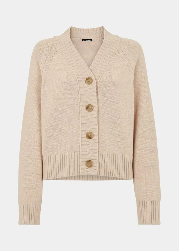 Whistles Ribbed Detail Cotton Cardigan Ivory Women Sweaters and Cashmere
