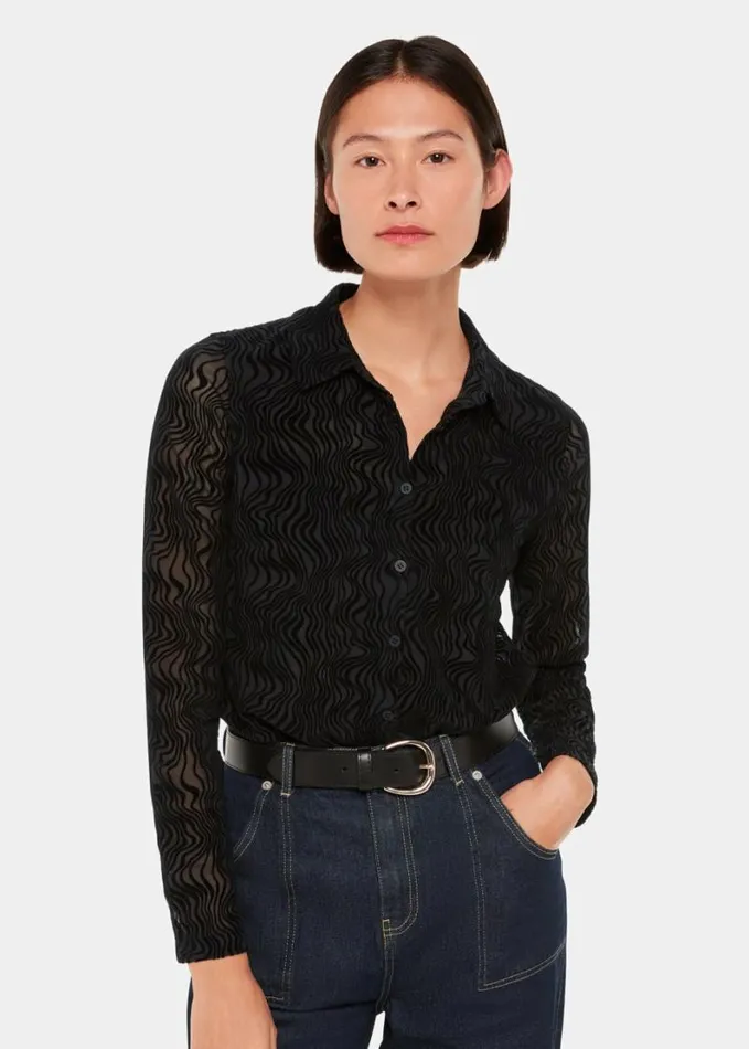 Whistles Squiggle Mesh Shirt Black Women Tops