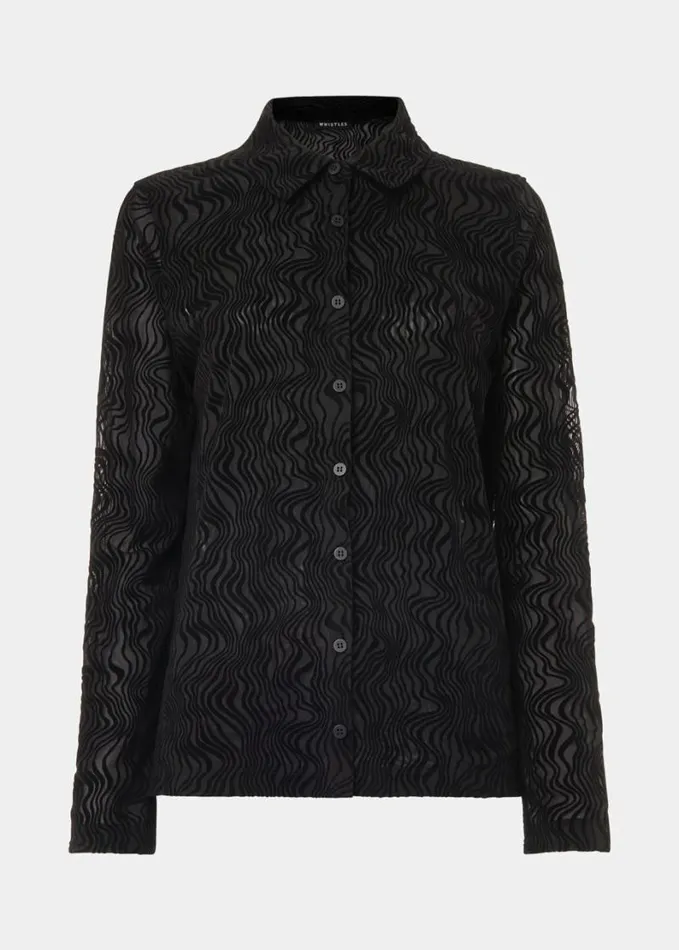 Whistles Squiggle Mesh Shirt Black Women Tops