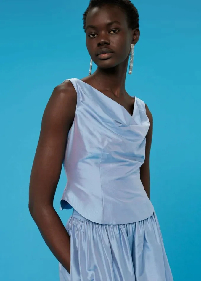 Whistles Taffeta Silk Off Shoulder Top Blue Women Tops