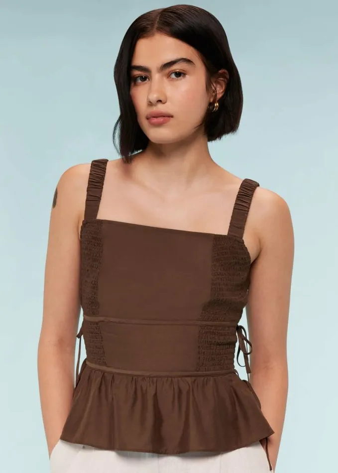 Whistles Tie Side Shirred Top Chocolate Women Tops