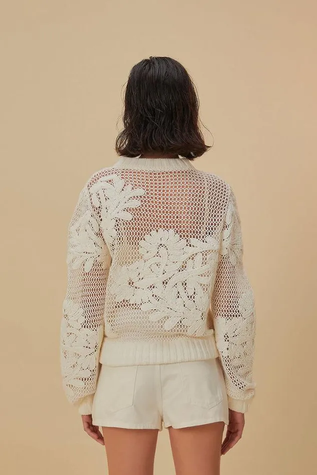 White Embroidered Knit Sweater Women FARM Rio Sweaters and Sweatshirts
