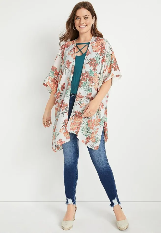 White Floral Ruana Women Maurices Tops