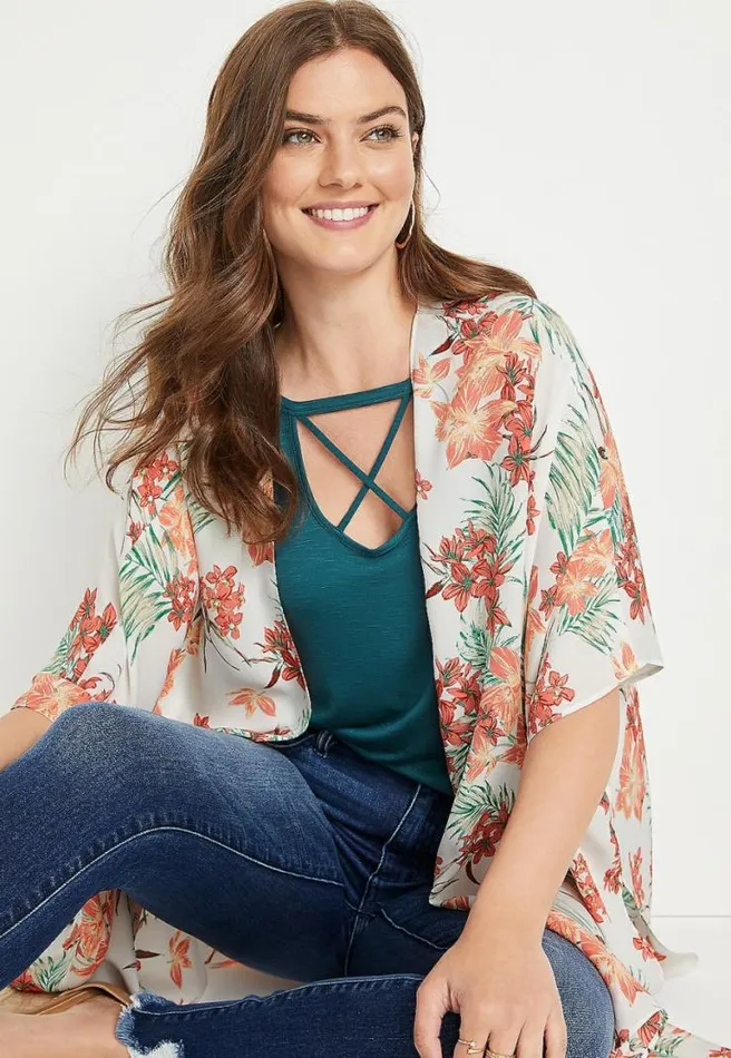White Floral Ruana Women Maurices Tops
