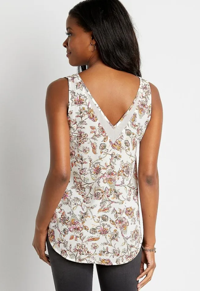 White Floral Sheer Inset V Neck Tank Top Women Maurices Tops
