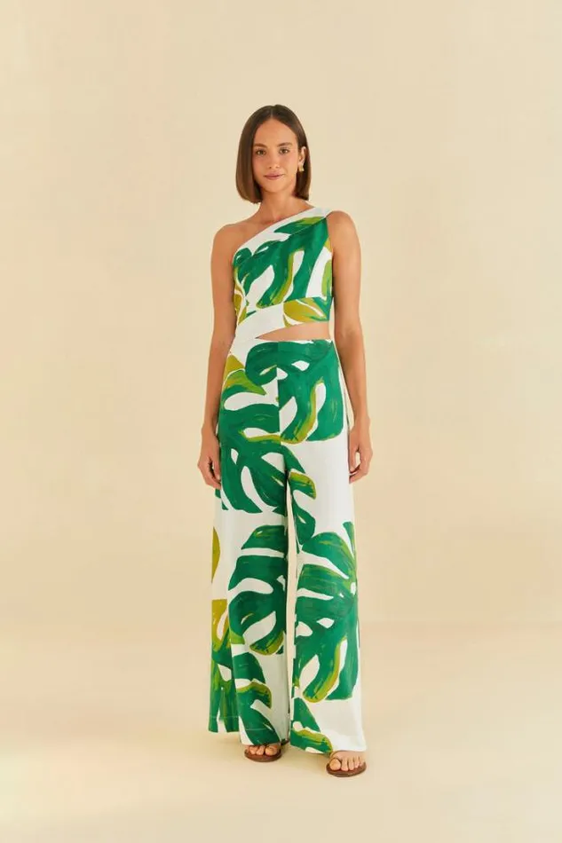 White Monstera One Shoulder Jumpsuit Women FARM Rio Jumpsuits