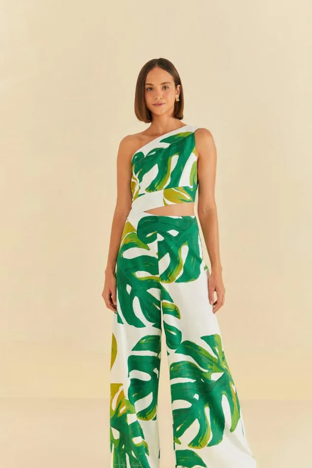White Monstera One Shoulder Jumpsuit Women FARM Rio Jumpsuits