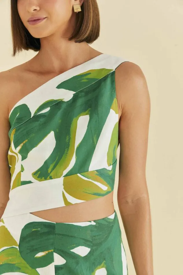 White Monstera One Shoulder Jumpsuit Women FARM Rio Jumpsuits