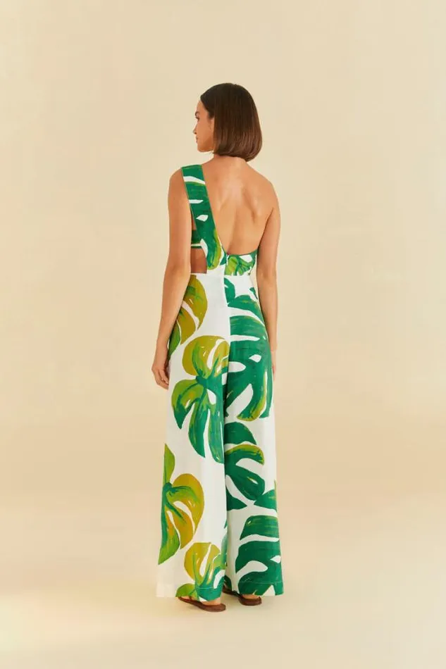 White Monstera One Shoulder Jumpsuit Women FARM Rio Jumpsuits