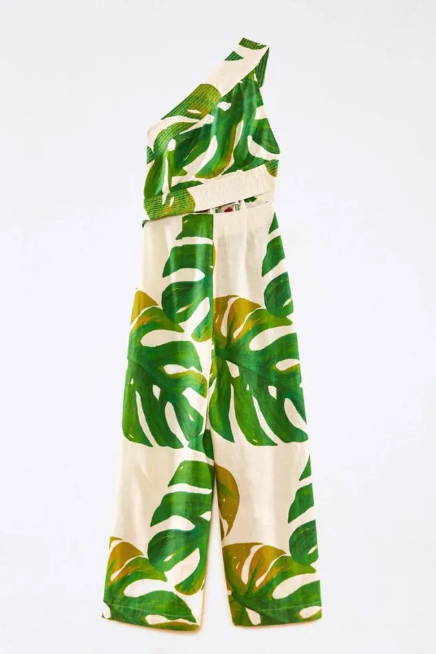 White Monstera One Shoulder Jumpsuit Women FARM Rio Jumpsuits