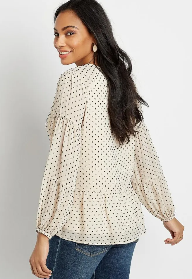 White Swiss Dot Long Sleeve Babydoll Top Women Maurices Tops