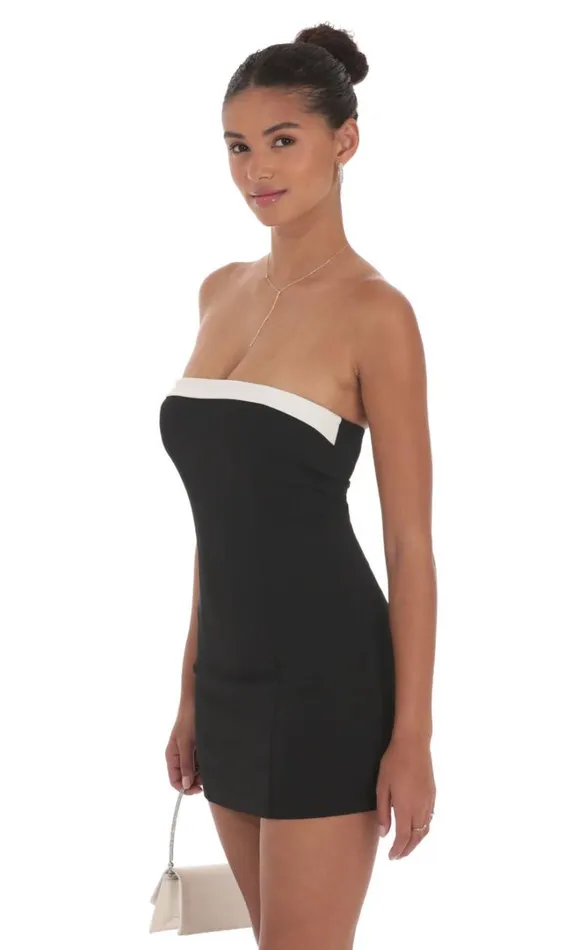 White Trim Strapless Dress Black Women LUCY IN THE SKY Mini Dresses