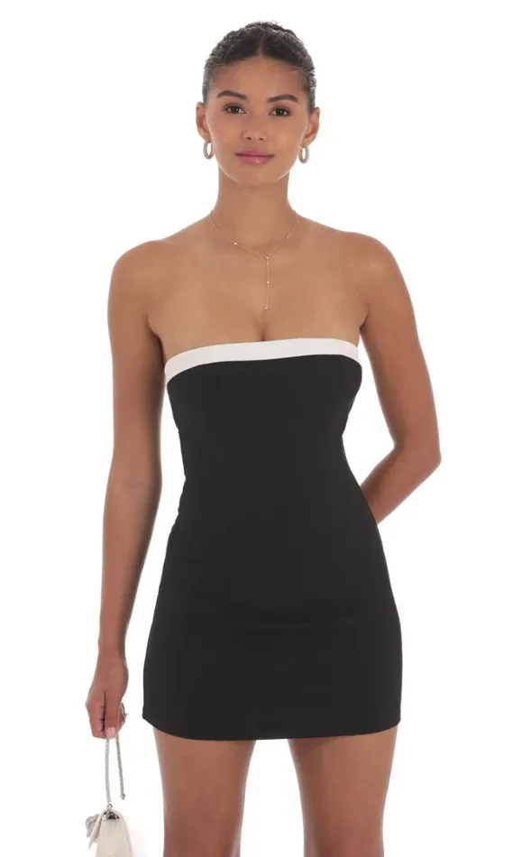 White Trim Strapless Dress Black Women LUCY IN THE SKY Mini Dresses White Trim Strapless Dress Black Women LUCY IN THE SKY Mini Dresses