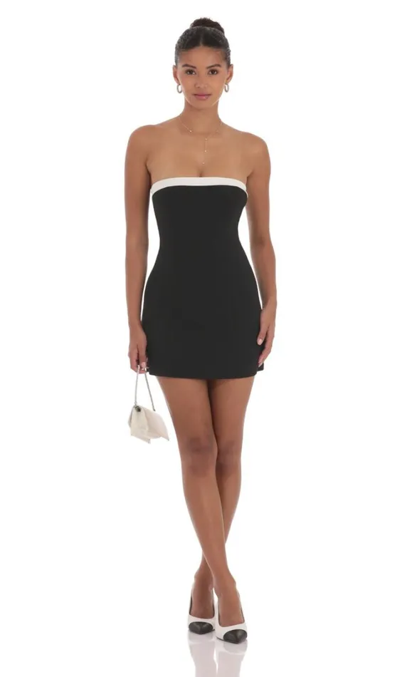 White Trim Strapless Dress Black Women LUCY IN THE SKY Mini Dresses White Trim Strapless Dress Black Women LUCY IN THE SKY Mini Dresses