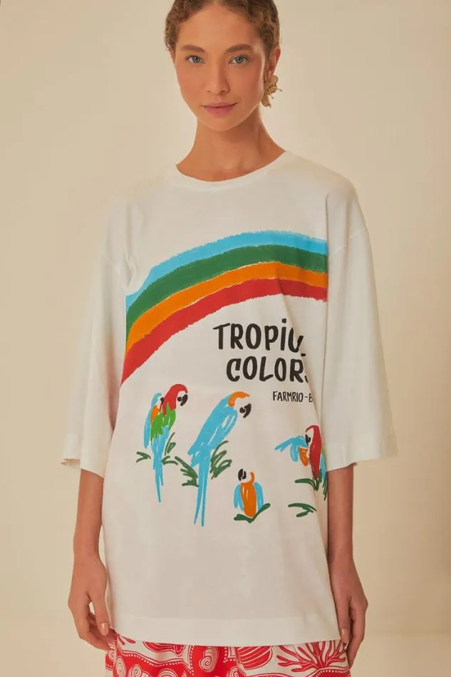 White Tropical Colors Organic Cotton Oversized TShirt Women FARM Rio Tshirts