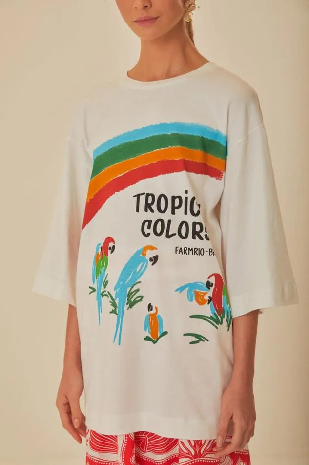 White Tropical Colors Organic Cotton Oversized TShirt Women FARM Rio Tshirts