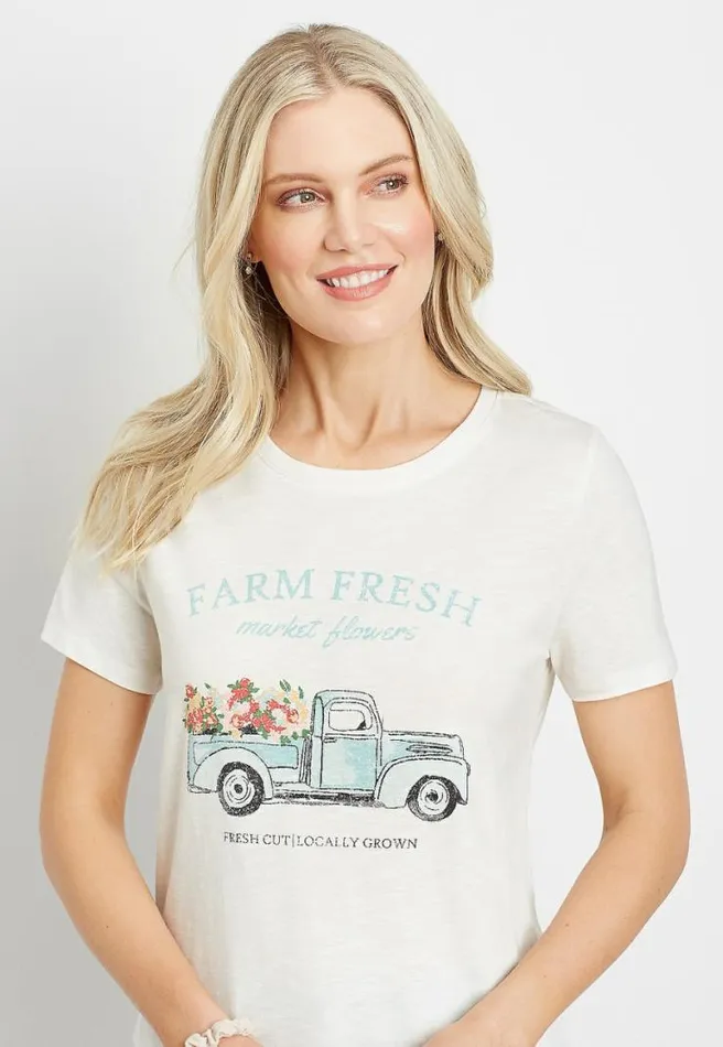 White Vintage Flower Truck Graphic Tee Women Maurices Tops