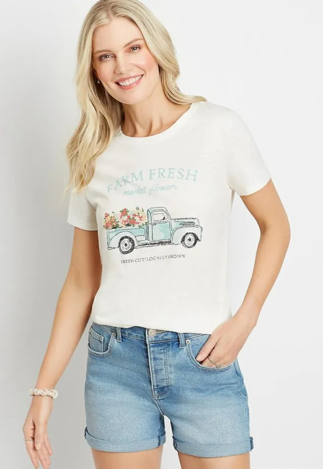 White Vintage Flower Truck Graphic Tee Women Maurices Tops
