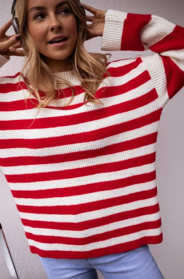 Women039s Clothing Sweaters Easy Clothes Ecru And Red Striped Larry Sweater