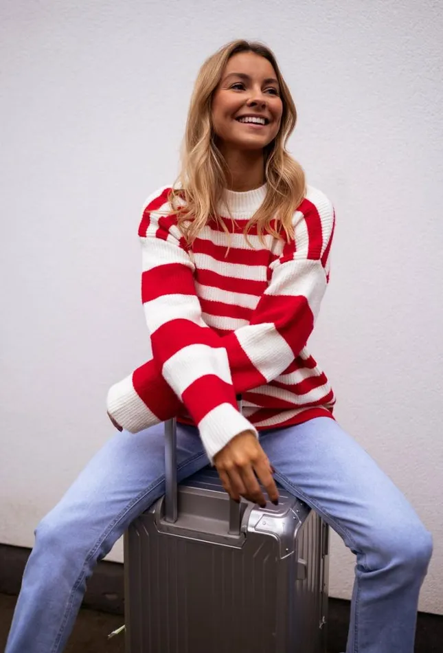 Women039s Clothing Sweaters Easy Clothes Ecru And Red Striped Larry Sweater