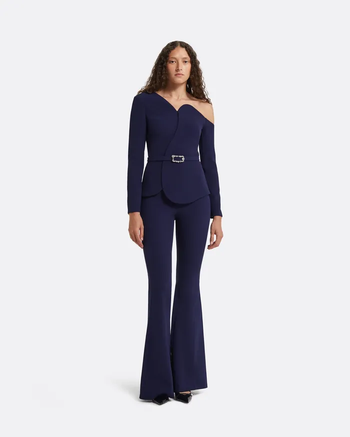 Women Adil Azurite Blue Top With Embroidered Belt Azurite Blue Tops Safiyaa