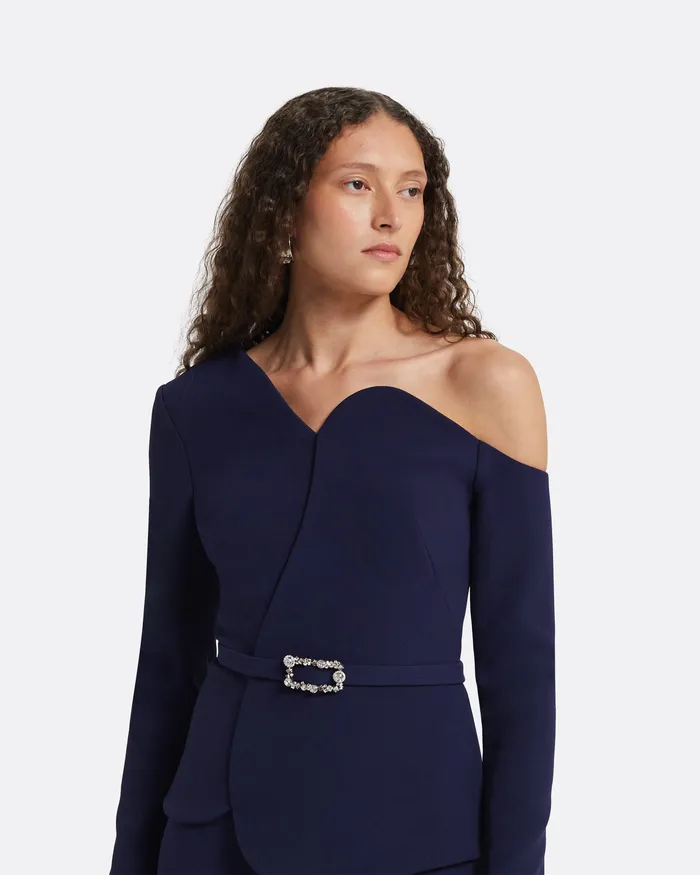 Women Adil Azurite Blue Top With Embroidered Belt Azurite Blue Tops Safiyaa