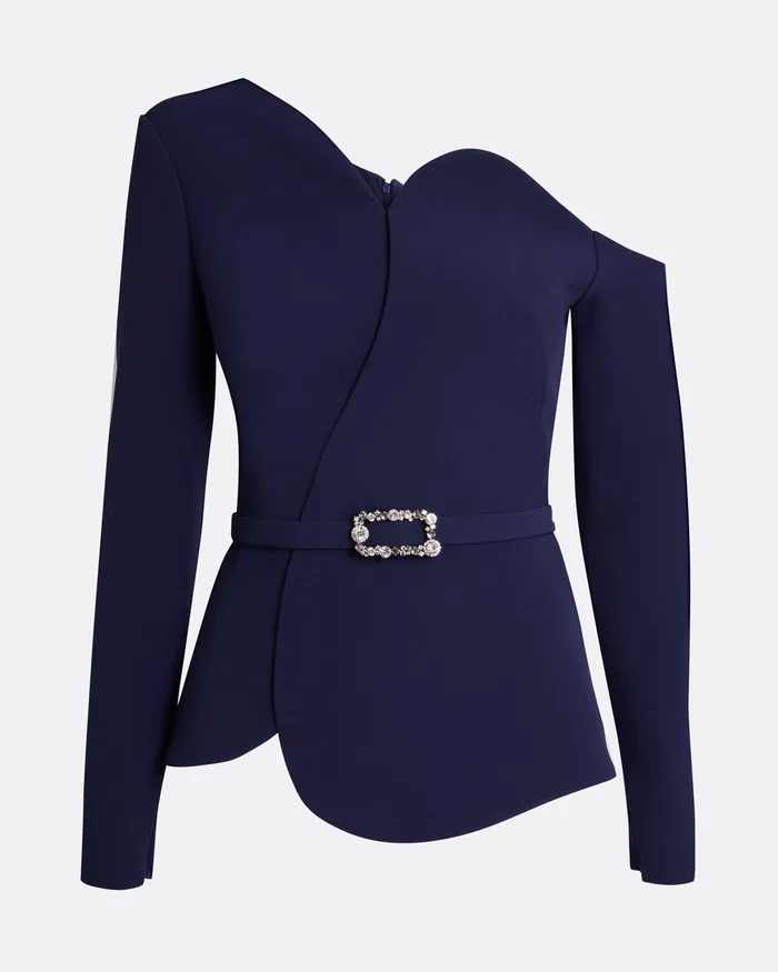 Women Adil Azurite Blue Top With Embroidered Belt Azurite Blue Tops Safiyaa