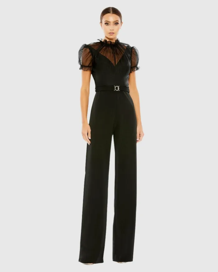 Women Black Belted Illusion High Neck Cap Sleeve Jumpsuit Black Jumpsuits and Rompers Mac Duggal