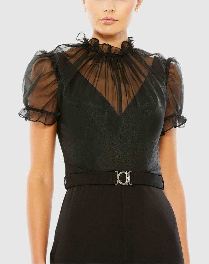 Women Black Belted Illusion High Neck Cap Sleeve Jumpsuit Black Jumpsuits and Rompers Mac Duggal