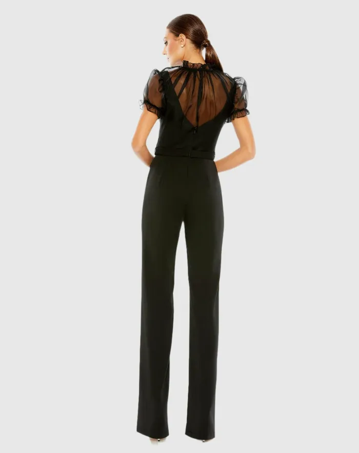 Women Black Belted Illusion High Neck Cap Sleeve Jumpsuit Black Jumpsuits and Rompers Mac Duggal