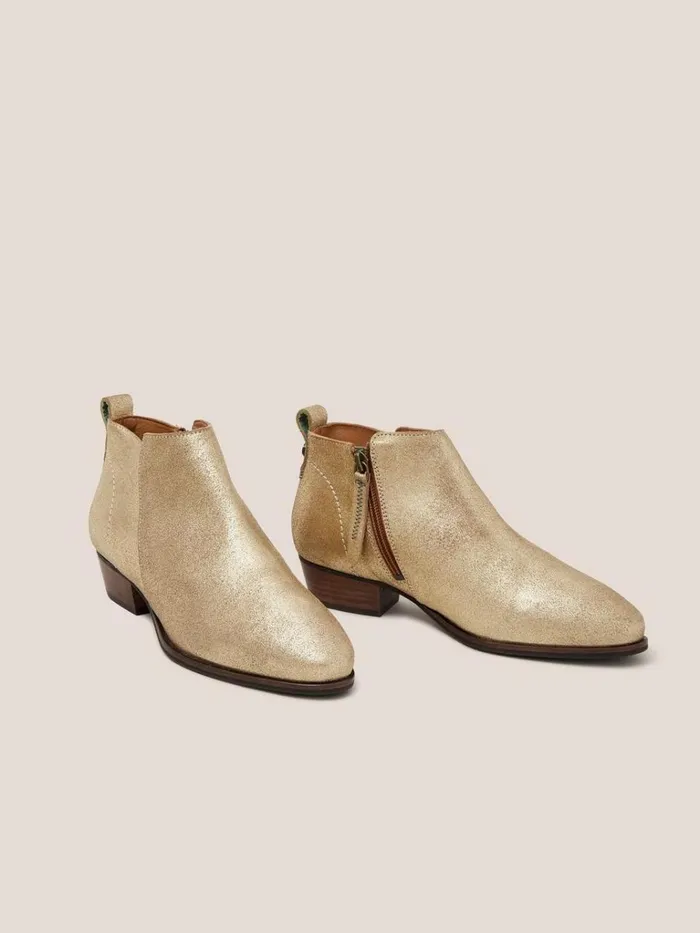 Women BOOTS White Stuff Leather Willow Ankle Boot Gold Tone Metallic