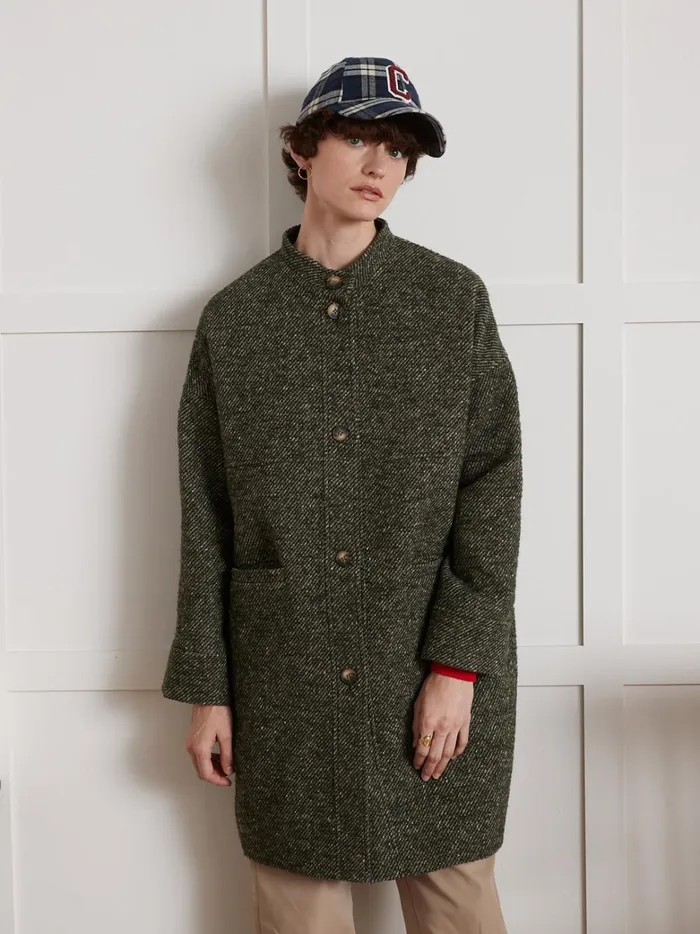 Women Clothing Cyrillus Loose Speckled Twill Coat Vert