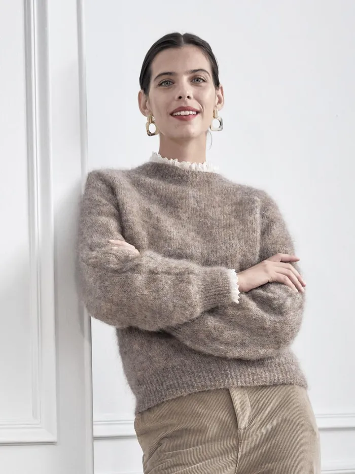 Women Clothing Cyrillus Round Neck Sweater In A Kid Mohair Blend Taupe