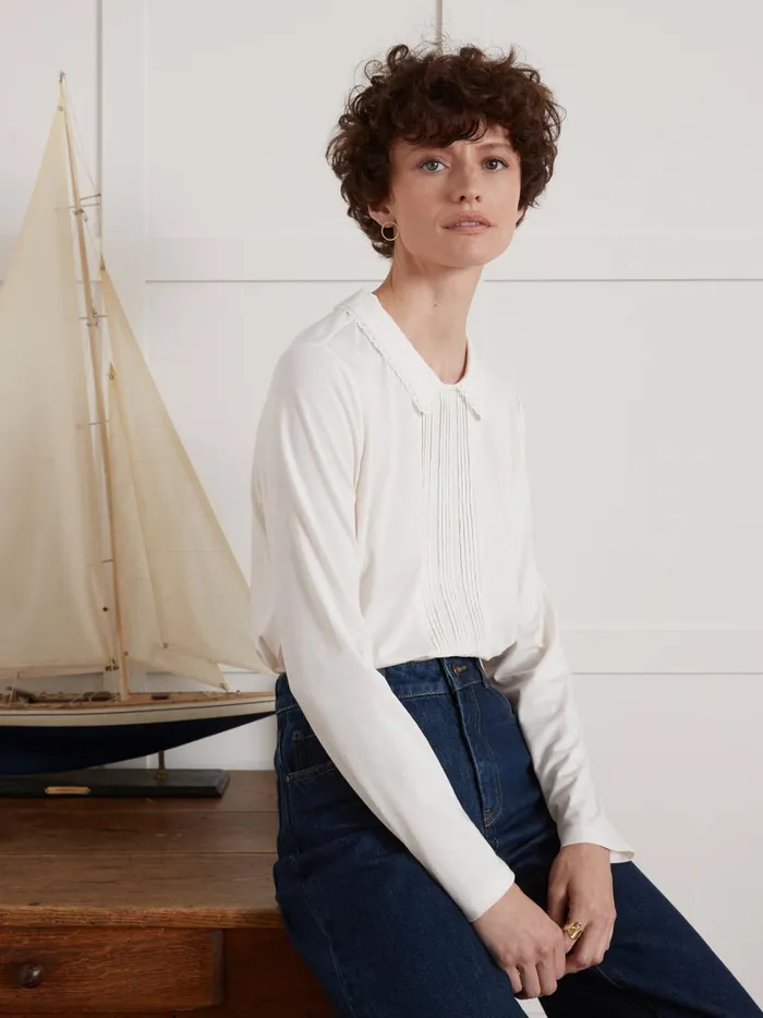Women Clothing Cyrillus TShirt With Embroidered Peter Pan Collar Blanc