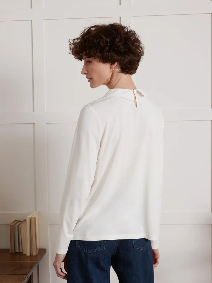 Women Clothing Cyrillus TShirt With Embroidered Peter Pan Collar Blanc