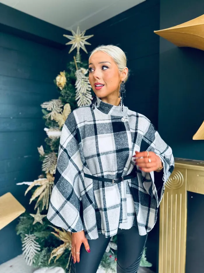 Women Coats and Jackets Canella Lane Enya Check Belted Cape Grey